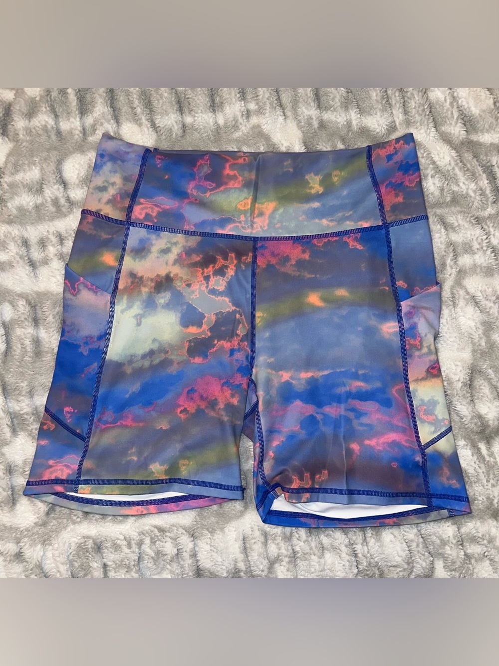 Fabletics Women's High-Waist Cloud Print Bike Shorts - Blue/Pink/Yellow